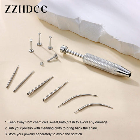 Piercing Taper Ball Grabber Tool And Jewelry Changing Kit 16G 18G 20G Surgical Steel parts on beige surface