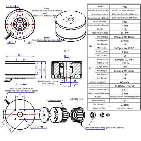 Technical diagram of High Torque Low Speed Hollow Shaft BLDC Motor with External Rotor and MT6701 AS5600 Encoder specifications