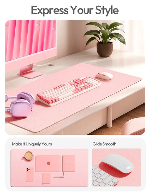 Leather Desk Protector Mat For Office And Home Large Mouse Pad Non Slip PU Leather Blotter Waterproof Writing Pad Light Pink 23.6 By 13.8 Inches Perfect For Your Laptop Keyboard And Desk Setup displayed on a desk with accessories
