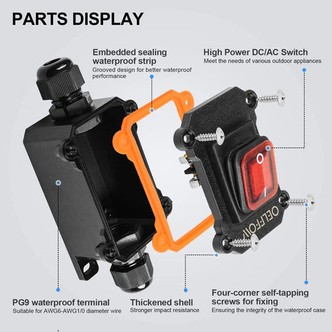 Waterproof Inline Toggle Switch With Dual Outlet And Red Rocker Button Plus Indicator Light For Outdoor Use DPST AC DC 20A 125V