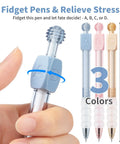 Nine Pack Gel Pens With 0.5mm Black Ink Fidget Cube Pen showing blue ABCD roller cube for decisions.