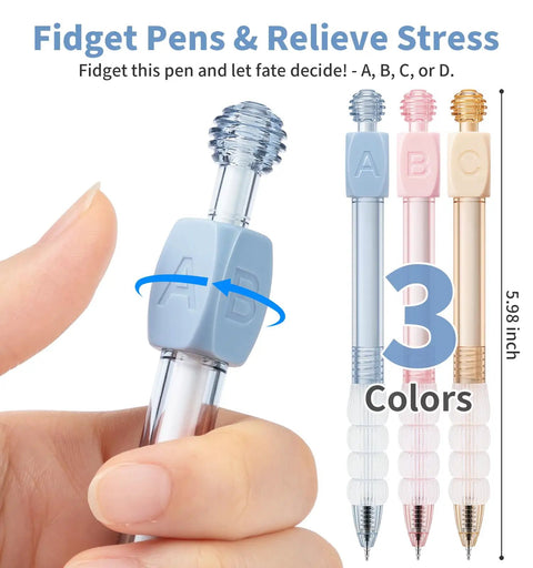 Nine Pack Gel Pens With 0.5mm Black Ink Fidget Cube Pen showing blue ABCD roller cube for decisions.