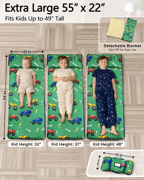 Three children on detachable toddler nap mat with pillow and blanket thickened extra large sleeping bag, green truck design