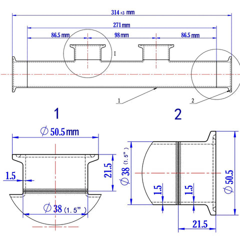 GOGOUP Tri Clamp Manifold, 1.5 in x 2-Way, 304 stainless steel polished sanitary fitting; front view