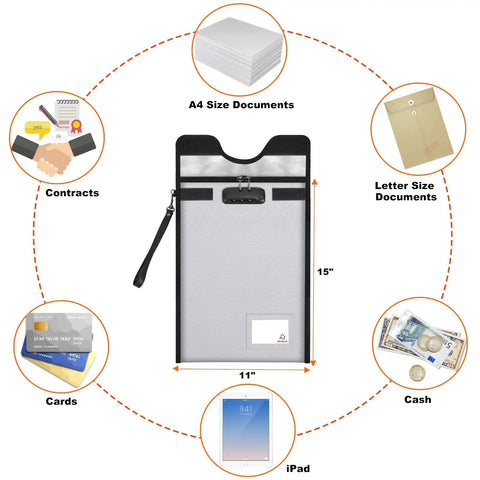 Go-To Fireproof Document Safe With Lock 5200F shown with items it holds like documents, cash, cards, contracts; size 11x15 inches