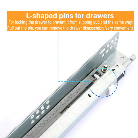 Close-up of L-shaped pins for drawers on Premium Undermount Drawer Slides Featuring Buttery Smooth Soft Close Action.