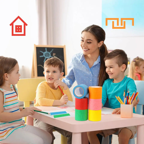 Children and teacher using Colorful Masking Tape Set, 6 Pieces Rainbow Rolls For Crafts And Labeling, 2 Inches Wide By 32 Feet