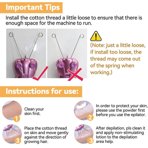 Instruction image for Womens Facial Hair Remover Epilator And Trimmer For Lip Cheek Arm And Ear Hairs At Home with cotton threading tips