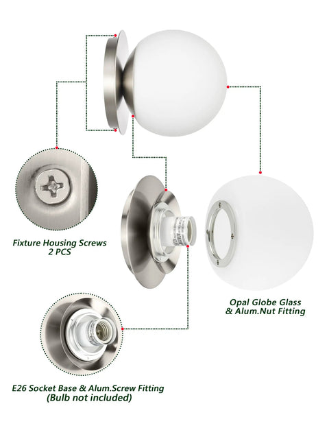 Exploded view of Modern Globe Wall Sconce 1 Light In Brushed Nickel, Diffused Opal Glass Shade, showing screws and fittings