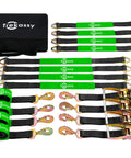 Heavy Duty Car Trailer Ratchet Tie Down Straps With Snap Hooks And Axle Loops 2 Inch Wide 8 Feet Long 10000lb Break Strength 4 Pack on display.