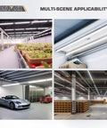 Bright 25W 6000K LED Shop Lights, Linkable Garage Tube Light For Workbench And Basement, installed in various environments.