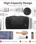Hanging Toiletry Bag For Men And Women, Waterproof Nylon Dopp Kit with toiletries, grooming accessories displayed around it.