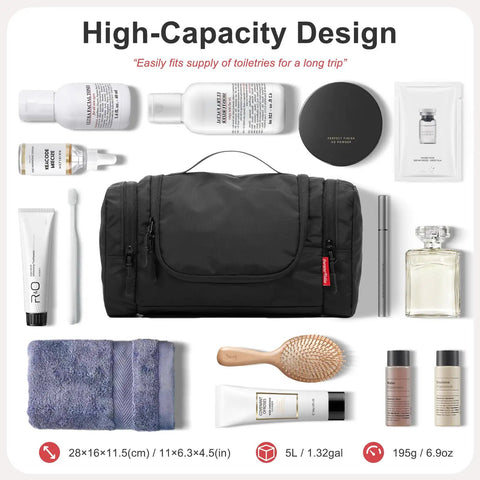 Hanging Toiletry Bag For Men And Women, Waterproof Nylon Dopp Kit with toiletries, grooming accessories displayed around it.