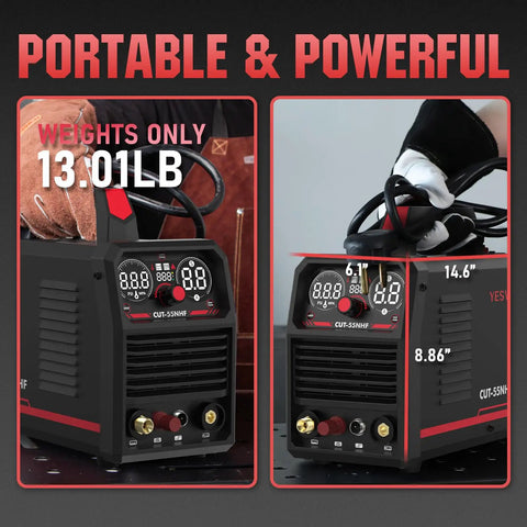 Plasma Cutter With Non High Frequency Non Touch Pilot Arc 55 Amp Dual Voltage 110 And 220V Large Digital Display Safe Blowback Start Built For DIY Hobbyists Garage And Shop Projects Smooth Reliable Cuts shown with dimensions and weight.