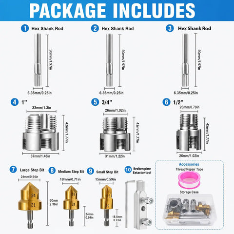 All In One Pro Grade PVC Pipe Threading Tool Kit With Internal And External Reamers, Broken Bolt Extractor, Universal Thread Extractor, Thread Seal Tape, And Case For Half Inch, Three Quarter Inch, And One Inch PVC Plumbing DIY Gift package contents