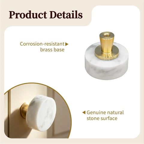Set Of 6 Real Deal White Marble Cabinet Knobs With Top Shelf Brass Drawer Pulls For Kitchen Drawers And Bathroom Vanities Heavy Duty Natural Stone Dresser Handles For A Smooth Space Refresh, close-up view showing brass base and marble design.