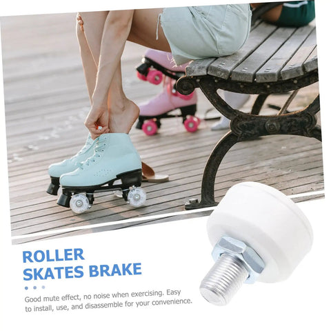 Person adjusting roller skate with toe stopper for inline and quad roller skates, rubber brake block, anti slip toe guard.