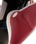 Close-up of Mobility Scooter Control Panel Cover Waterproof Tiller Case Dustproof Rain Enclosure with red textured fabric.