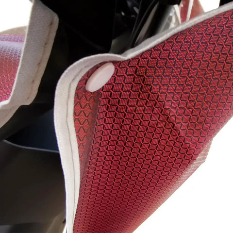 Close-up of Mobility Scooter Control Panel Cover Waterproof Tiller Case Dustproof Rain Enclosure with red textured fabric.