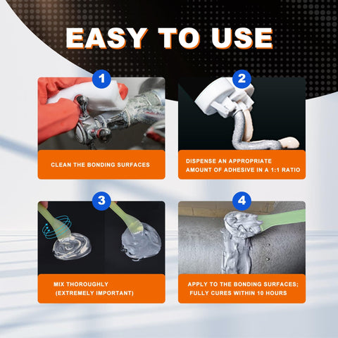 Instructions for using Rugged Metal Repair Epoxy For Steel Iron Aluminum And Fiberglass, showing application and mixing steps.