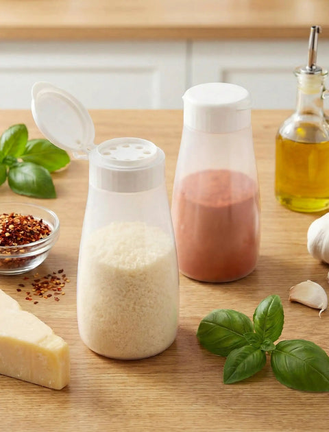 Top Shelf Soft Parmesan Cheese Shaker Set Squeezable Spice Jars With Wide Opening Heavy Duty Plastic Seasoning Dispensers on wooden table.