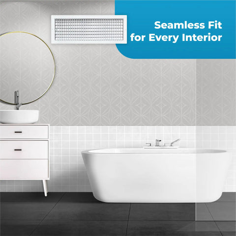 Heavy Duty 24x8 Inch Wall Vent Cover For AC Vents Premium Rustproof Aluminum Grille in modern bathroom setting.