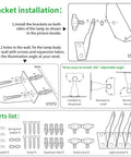 Installation guide for Upgraded 100W Black Light Bar 2 Pack With 104 LEDs Switch Plug And 5 Foot Cable showing bracket setup.