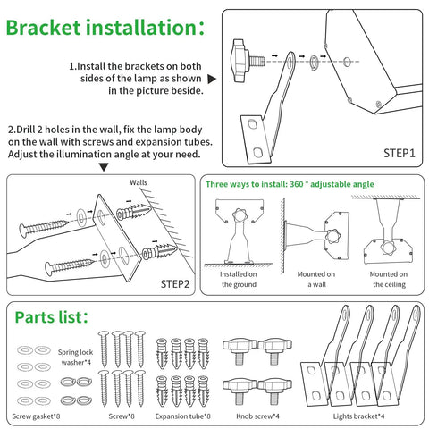 Installation guide for Upgraded 100W Black Light Bar 2 Pack With 104 LEDs Switch Plug And 5 Foot Cable showing bracket setup.