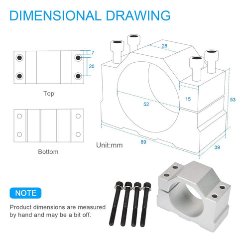 52mm Spindle Clamp Mounting Bracket For CNC Milling Machines And Spindle Motors, dimensional drawing with bolts