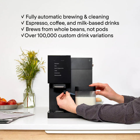 Person using No Fuss Fully Automatic Espresso Machine With App Control And Auto Wake And Sleep For All Milk Types on countertop