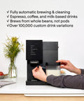 Next Level Super Automatic Espresso Machine Delivering One Hundred Thousand Custom Drink Combos And Creamy Milk Froth For That Straight Fire Daily Grind Routine In Classic Black with user adding milk.