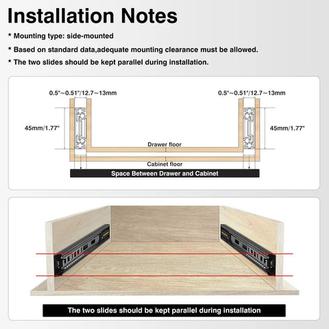 Soft Close Drawer Slides 1 Pair 12 To 24 Inch Full Extension Cabinet Runners With 100 Lb Load Capacity Side Mount Ball Bearing Metal Dresser Black 22 Inch installation diagram showing side-mount clearance and parallel slides