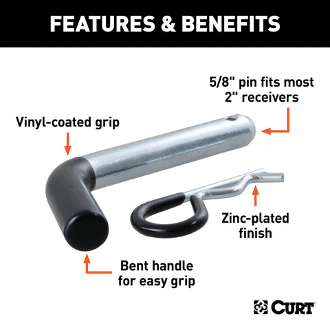 Trailer Hitch Pin And Clip With Vinyl Coated Grip Five Eighth Inch Diameter Fits Two Inch Receiver Clear Zinc Finish