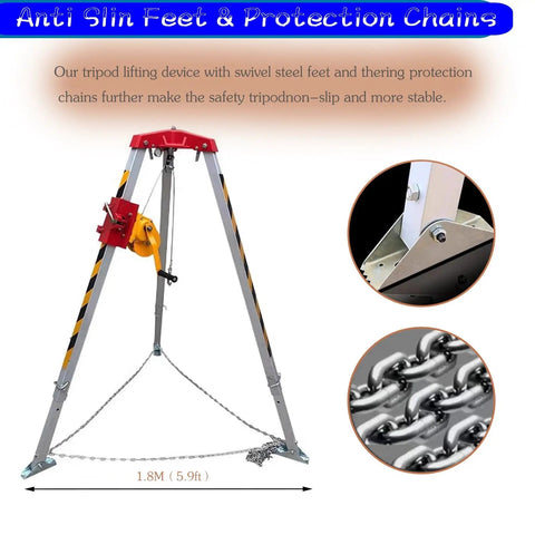 Tough As Nails Heavy Hitter Manual Emergency Rescue Tripod Winch 2600 Lbs Capacity with swivel steel feet and chains.