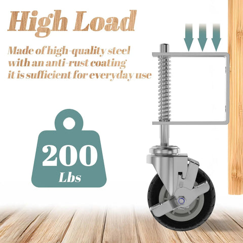 Heavy Duty 4 Inch Gate Caster With Brake For Wooden Gates, 250 Lb Capacity, Spring Loaded Solid Rubber Wheel shown on wood surface