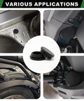 Various applications of 223 Piece Black Silicone Rubber Plugs Kit for round holes with snap locking design in automotive panels.