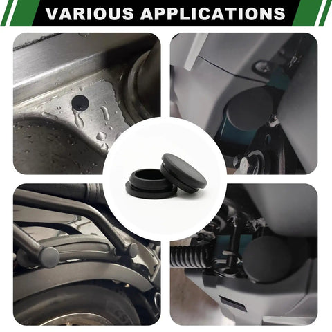 Various applications of 223 Piece Black Silicone Rubber Plugs Kit for round holes with snap locking design in automotive panels.