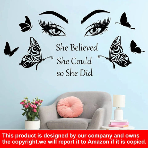 Motivational Wall Decal Set Featuring Eyelash Eyes Big Eye Wall Art And She Believed She Could So She Did Quote for decor