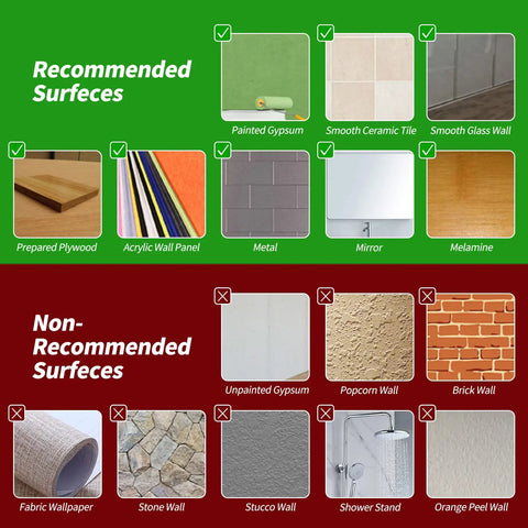 Recommended and non-recommended surfaces for Premium Thicker Design Peel And Stick Tile For Kitchen Backsplash With 2mm To 2.5mm Thickness.