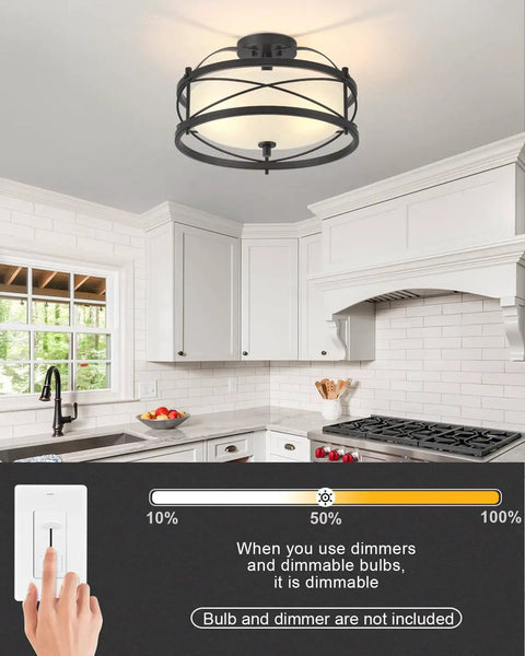 Industrial Vintage Semi Flush Mount Ceiling Light With Two Cage Drum Light Fixtures In Old Bronze Finish in kitchen
