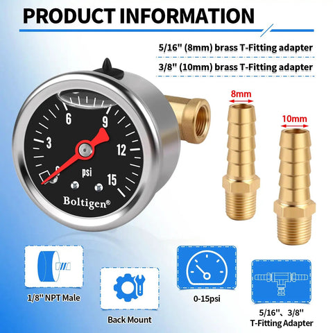 Dead Nuts Accurate Fuel Pressure Gauge Kit 0 To 15 Psi Glycerin Filled Dial With 1/8 Npt Thread and brass connectors.