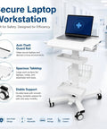 Legit Anti Theft Medical Laptop Cart With Smooth Height Adjustments And Built In Scanner Bracket Using Rock Solid Locking Casters Plus Roomy Storage Trays For Clinic Or Hospital Crews Who Need A Dependable Mobile Station with anti-theft guard rail, spacious tabletop, and lockable casters.