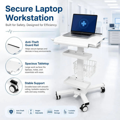 Legit Anti Theft Medical Laptop Cart With Smooth Height Adjustments And Built In Scanner Bracket Using Rock Solid Locking Casters Plus Roomy Storage Trays For Clinic Or Hospital Crews Who Need A Dependable Mobile Station with anti-theft guard rail, spacious tabletop, and lockable casters.