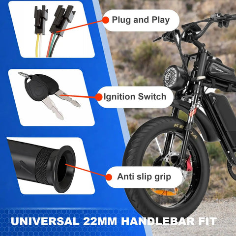 Universal Full Twist Throttle With Key Lock For E Bikes And Scooters 12V To 72V Plug And Play No Rewiring Quick Install 3 Pin E Bike Throttle Compatible With Q20 Q20Pro H20 H26Pro