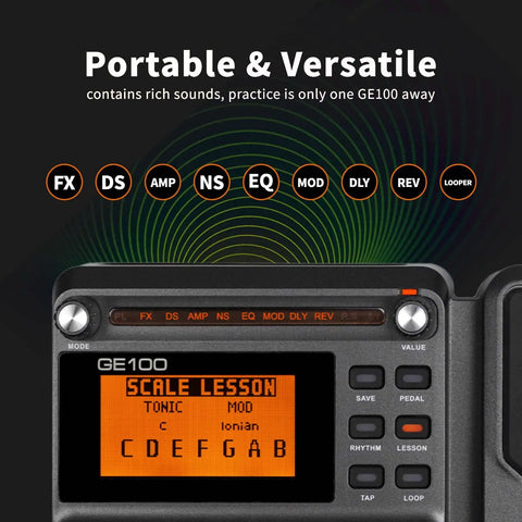 GE100 Multi Effects Guitar Pedal With 80 Presets And 66 Effects Built In Looper showing LED screen and control buttons.