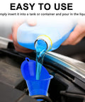 Pouring blue liquid into Long Neck Oil Funnel For Cars And Trucks, Built Tough Plastic Universal Pouring Tool For Oil Gas And Lubricants