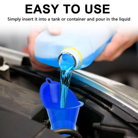 Pouring blue liquid into Long Neck Oil Funnel For Cars And Trucks, Built Tough Plastic Universal Pouring Tool For Oil Gas And Lubricants