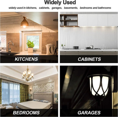 E26 LED Refrigerator Bulb 3.5W 40W Equivalent showcasing versatility in kitchens, cabinets, bedrooms, and garages, ideal for various spaces.