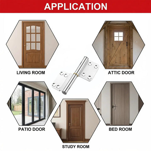 Application of Six Piece 4 Inch Lift Off Flag Hinges Kit With Screws for various doors and spaces.