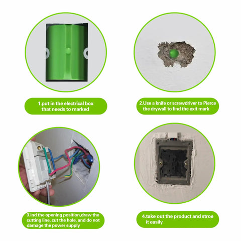 Image showing steps using Super Cool 6 Pack Drywall Outlet Marker Kit for positioning electrical boxes in drywall.